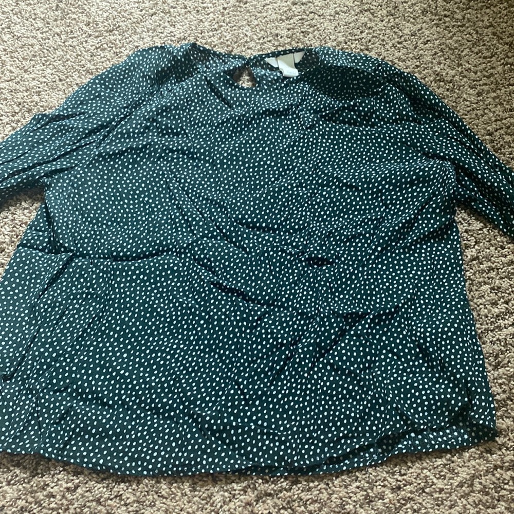 H&M womens long sleeve deep green and white polka dot business casual shirt
